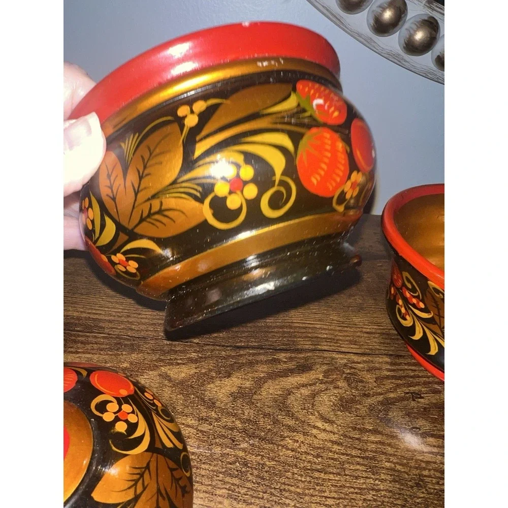 Vintage Russian Khokhloma Wooden Sugar Bowl w Lid Spoon & 2 Bowls Hand Painted